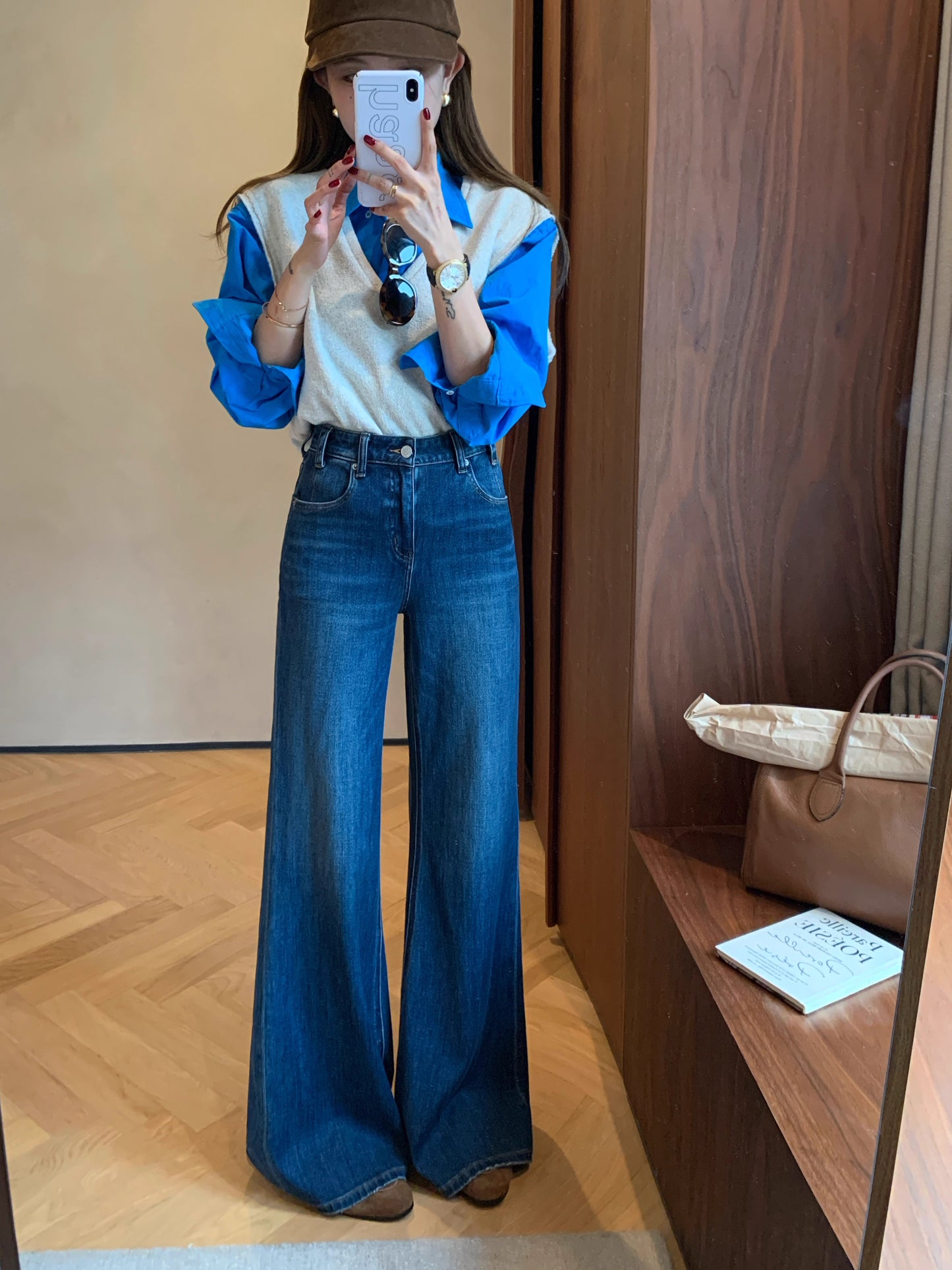 กางเกงยีนส์ขาบาน เอวสูง ผ้ายืดสี่ทิศ