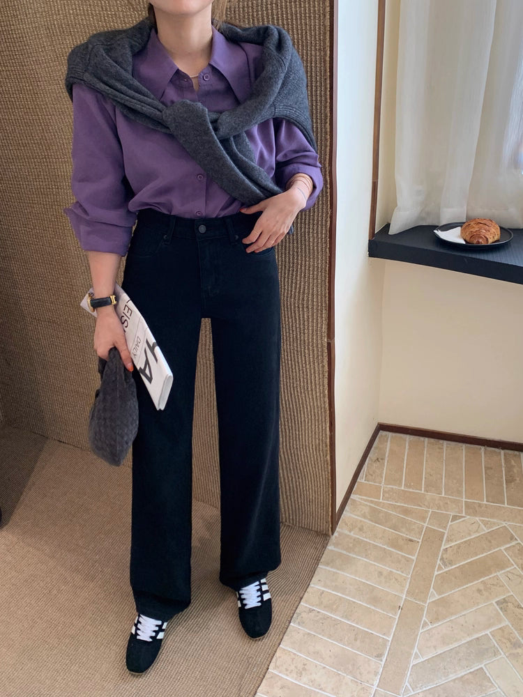 กางเกงยีนส์สีดำขาตรง ผ้ายืดสี่ทิศ รุ่นฮิต