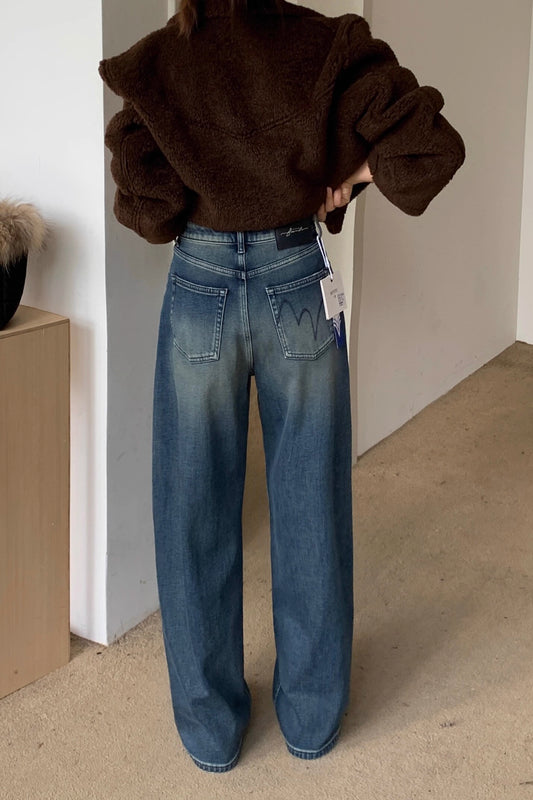 กางเกงยีนส์ผู้หญิง ผ้าหนาว 2025 ผ้ายืดสี่ทิศ ทรงขาตรงปลายโค้ง